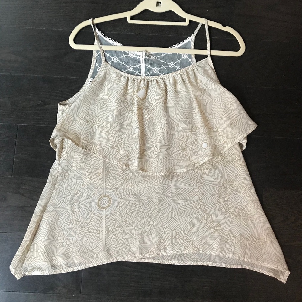 Flowy Double Layer Lace Tank - White & Tan Print